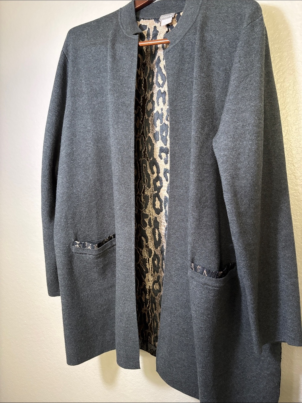 Vintage Chico’s Charcoal Open-Front Coat with Leopard-Print Lining